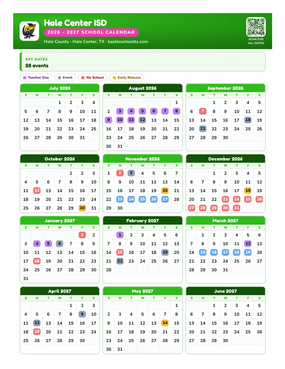 Hale Center ISD Calendar for the Year 26-27