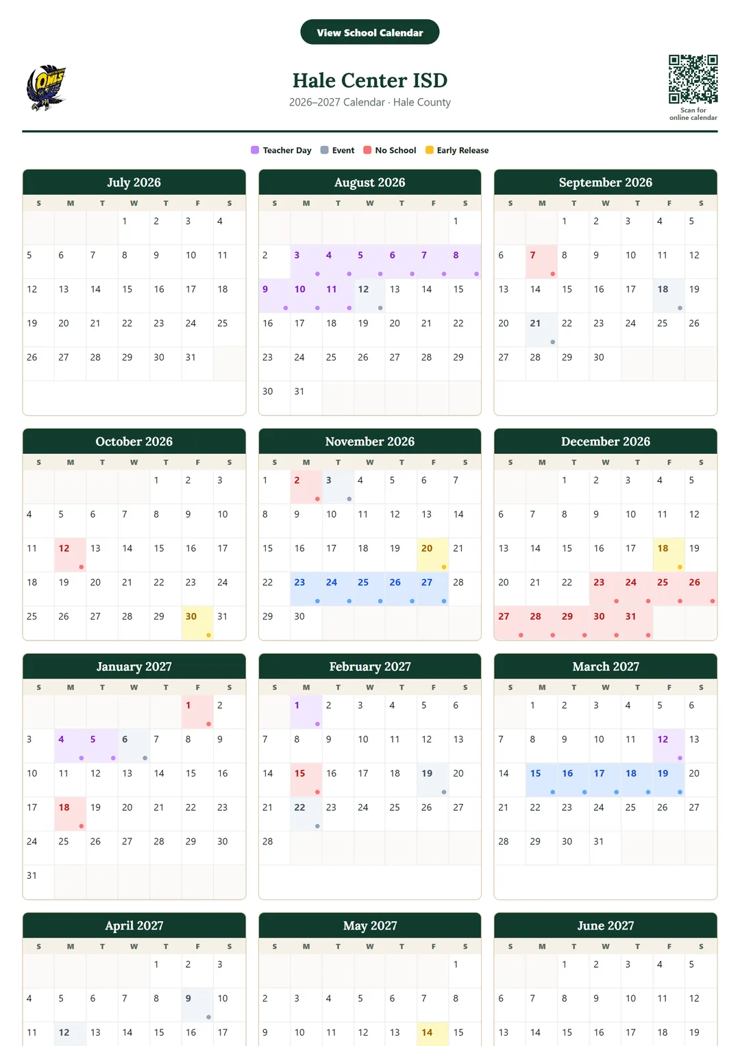 Hale Center ISD printable 2026–2027 calendar