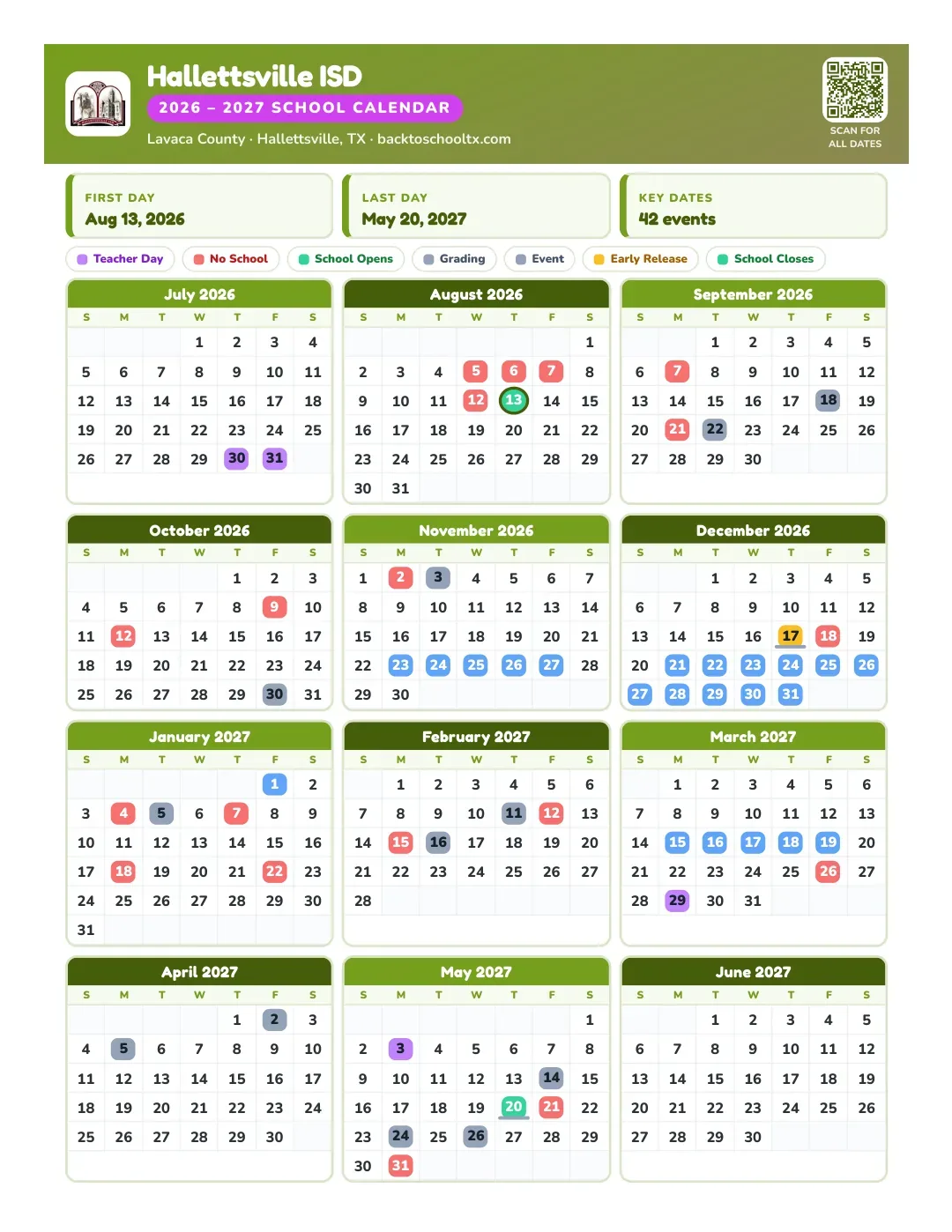 Hallettsville ISD Calendar for the Year 26-27