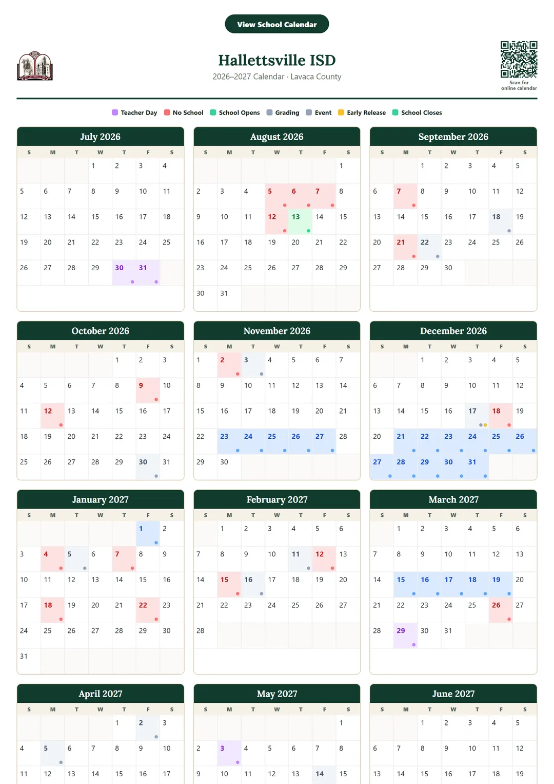 Hallettsville ISD printable 2026–2027 calendar