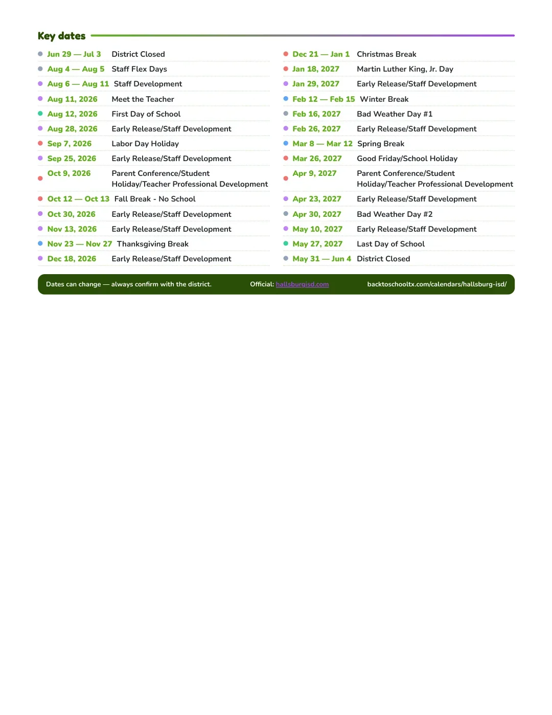 Hallsburg ISD Calendar for the Year 26-27 — key dates