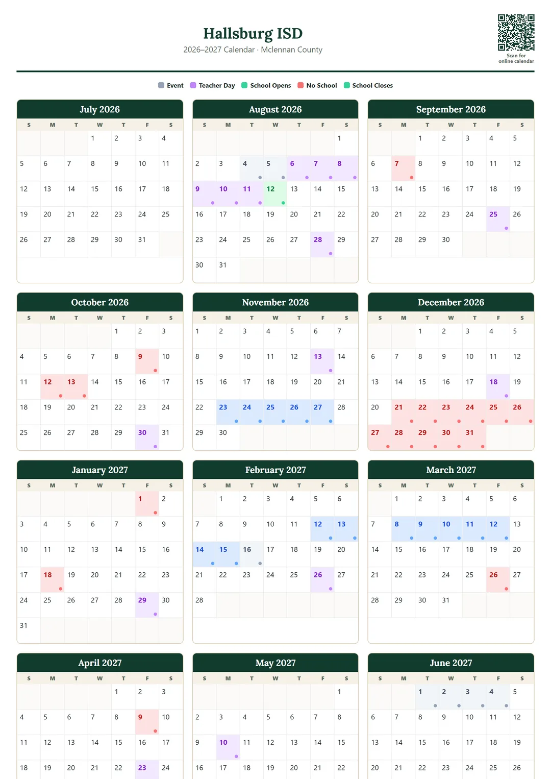 Hallsburg ISD printable 2026–2027 calendar