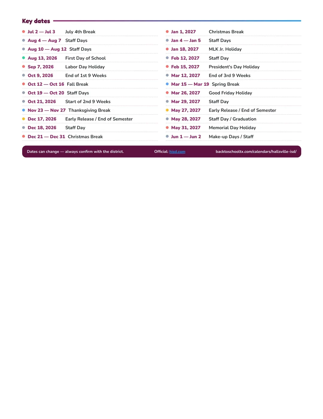 Hallsville ISD Calendar for the Year 26-27 — key dates