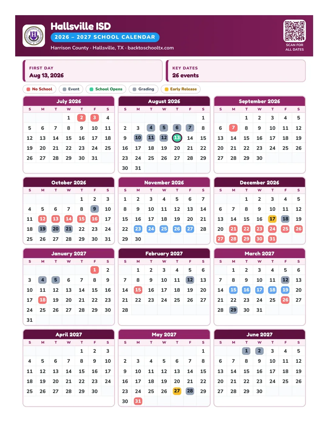 Hallsville ISD Calendar for the Year 26-27