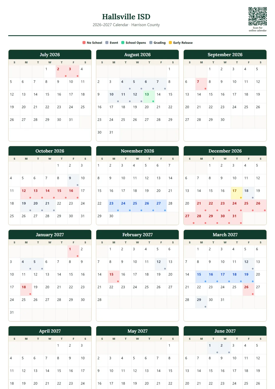 Hallsville ISD printable 2026–2027 calendar