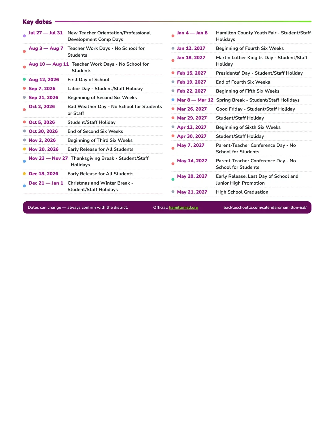 Hamilton ISD Calendar for the Year 26-27 — key dates