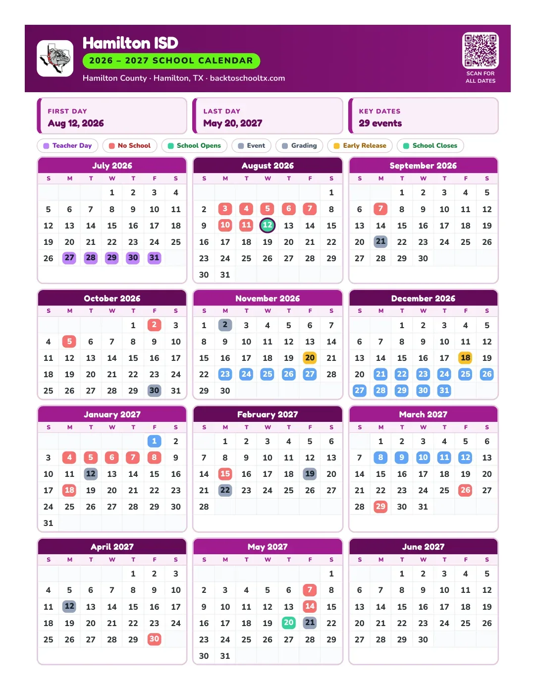 Hamilton ISD Calendar for the Year 26-27