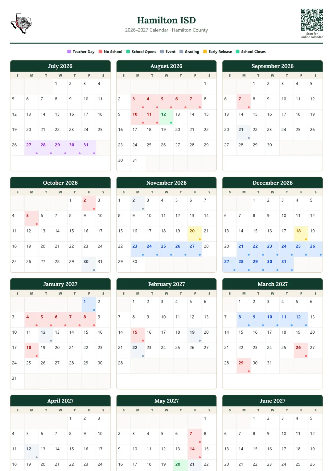 Hamilton ISD printable 2026–2027 calendar
