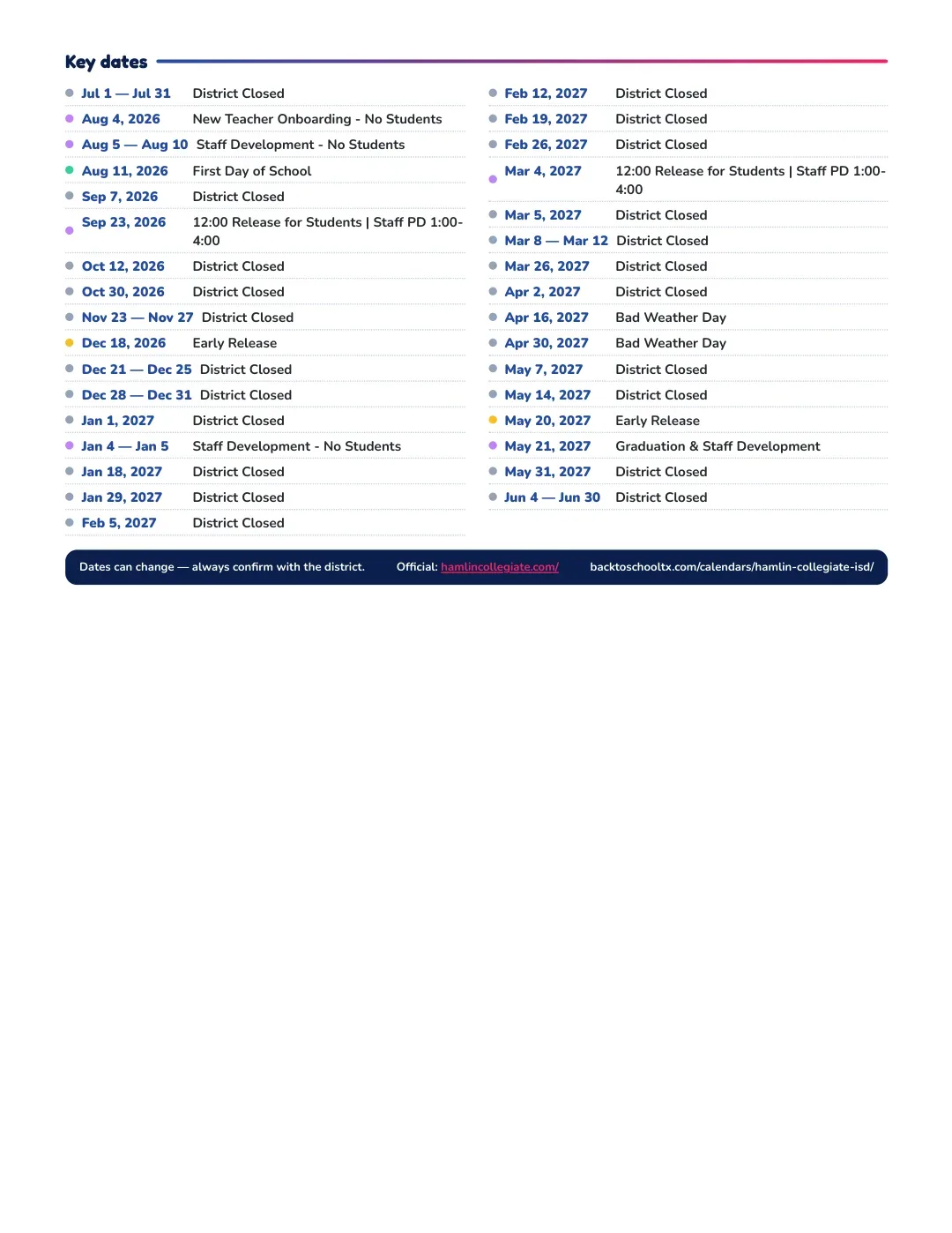 Hamlin Collegiate ISD Calendar for the Year 26-27 — key dates