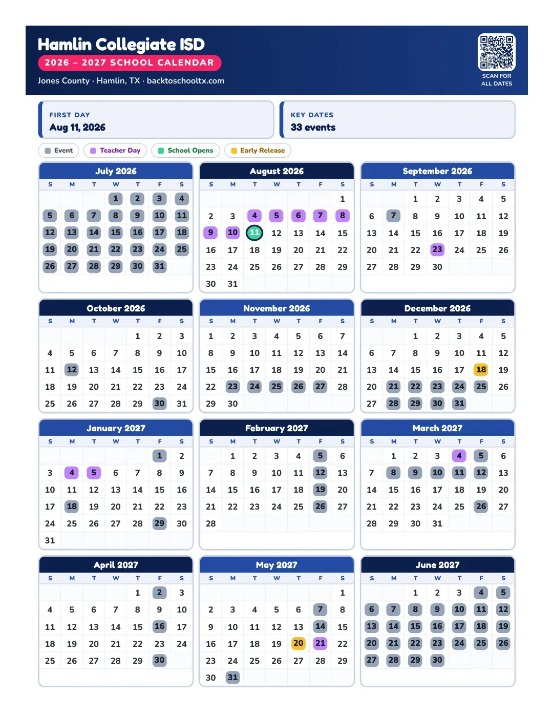Hamlin Collegiate ISD Calendar for the Year 26-27