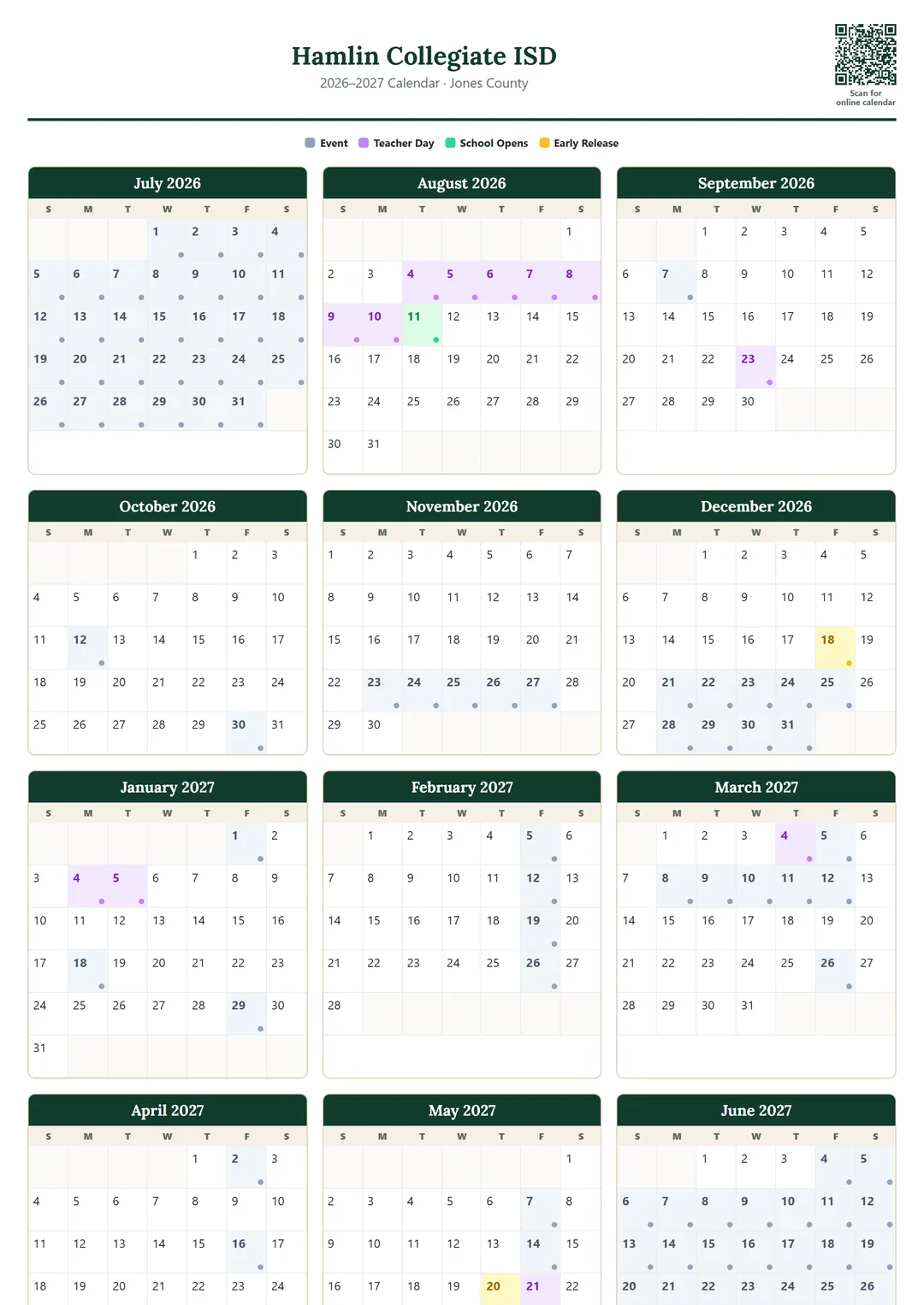 Hamlin Collegiate ISD printable 2026–2027 calendar