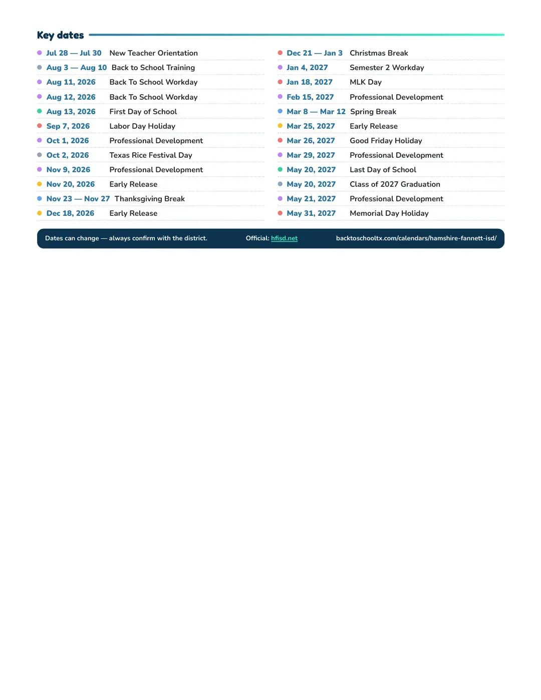 Hamshire-fannett ISD Calendar for the Year 26-27 — key dates