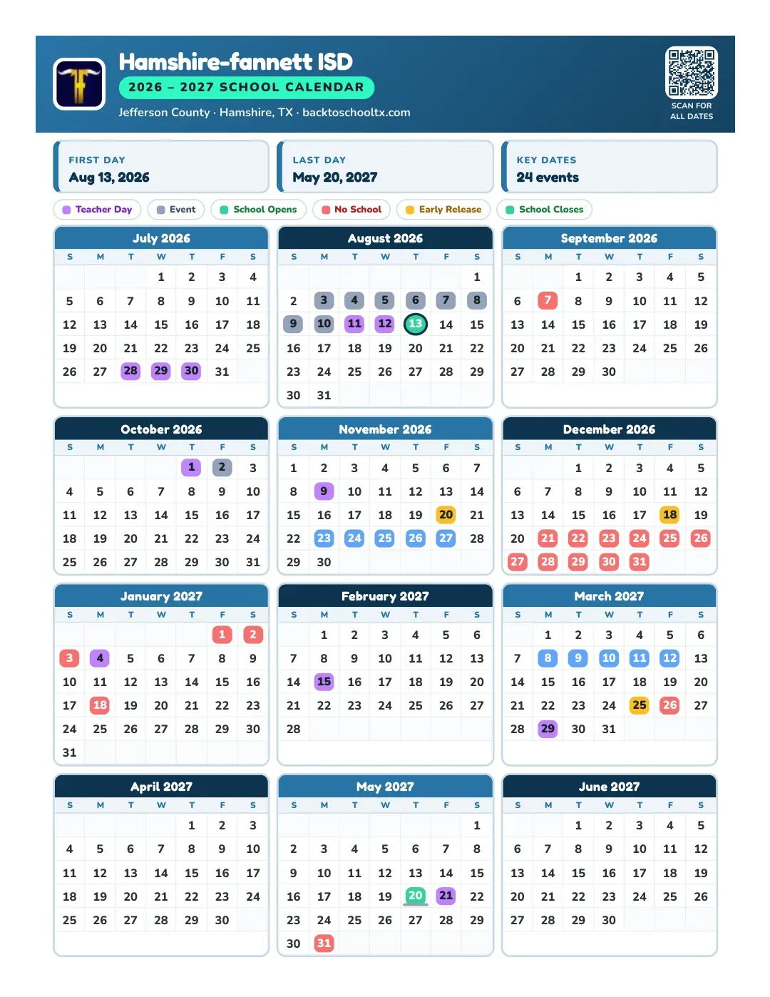 Hamshire-fannett ISD Calendar for the Year 26-27