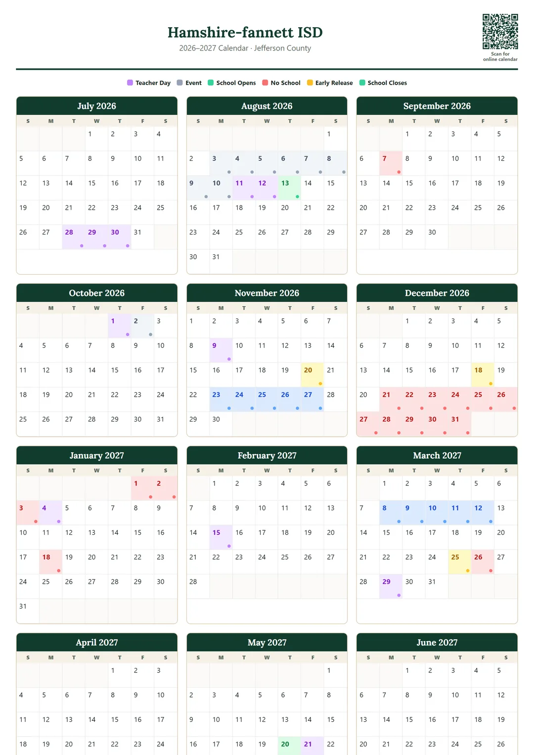 Hamshire-fannett ISD printable 2026–2027 calendar