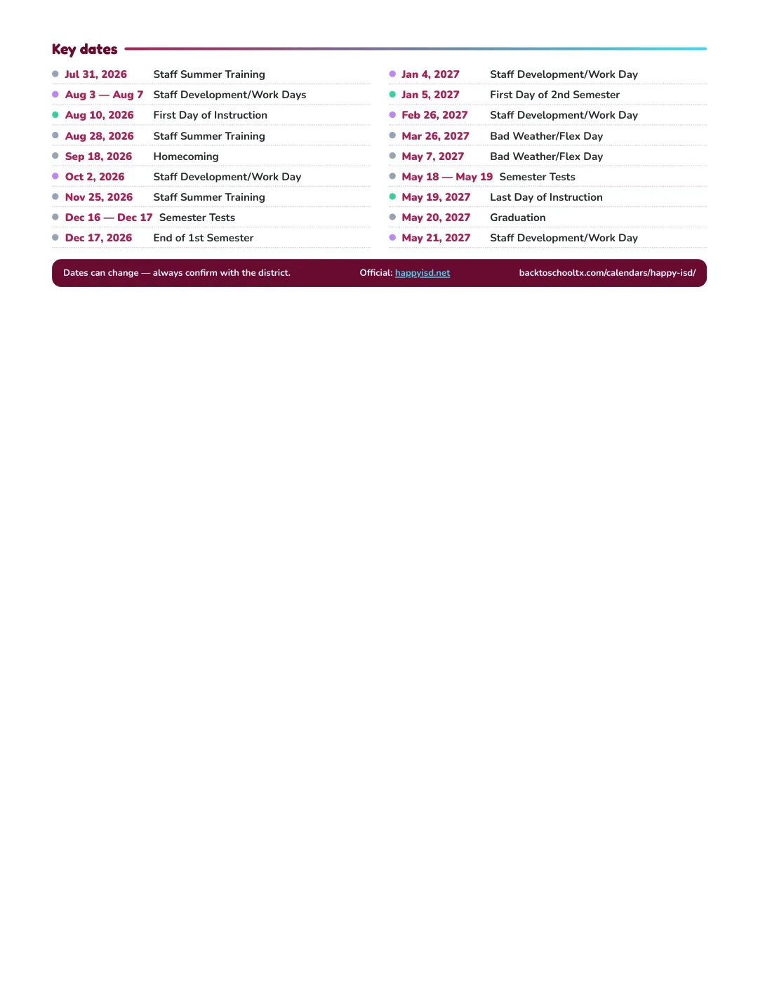 Happy ISD Calendar for the Year 26-27 — key dates