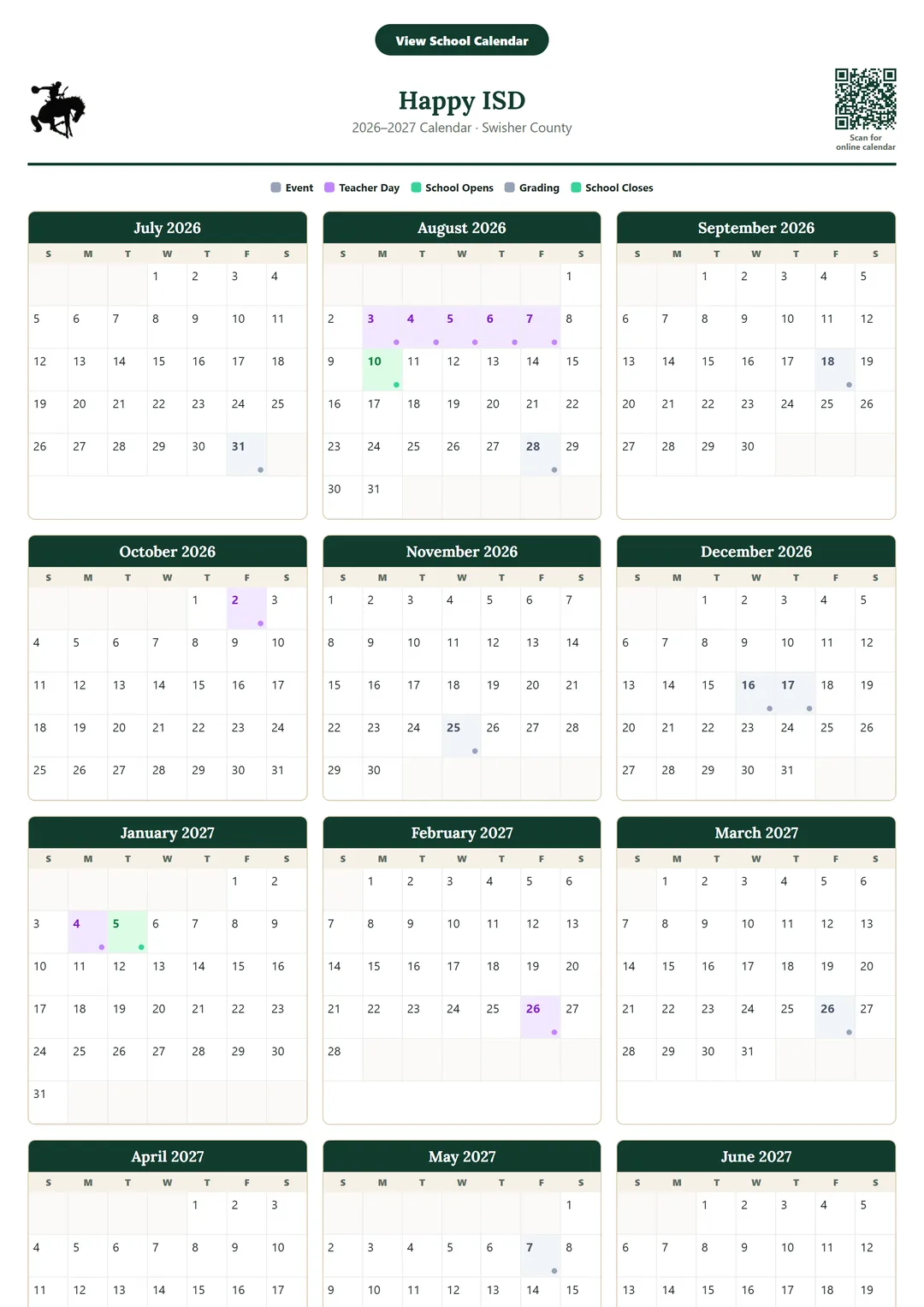 Happy ISD printable 2026–2027 calendar