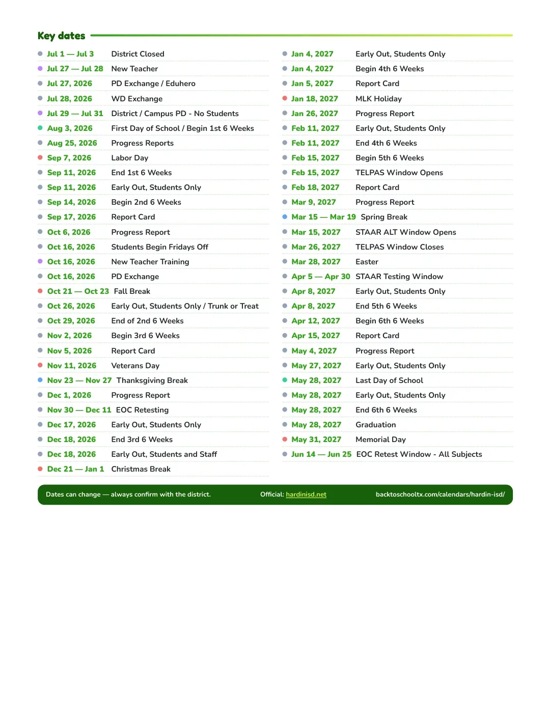 Hardin ISD Calendar for the Year 26-27 — key dates