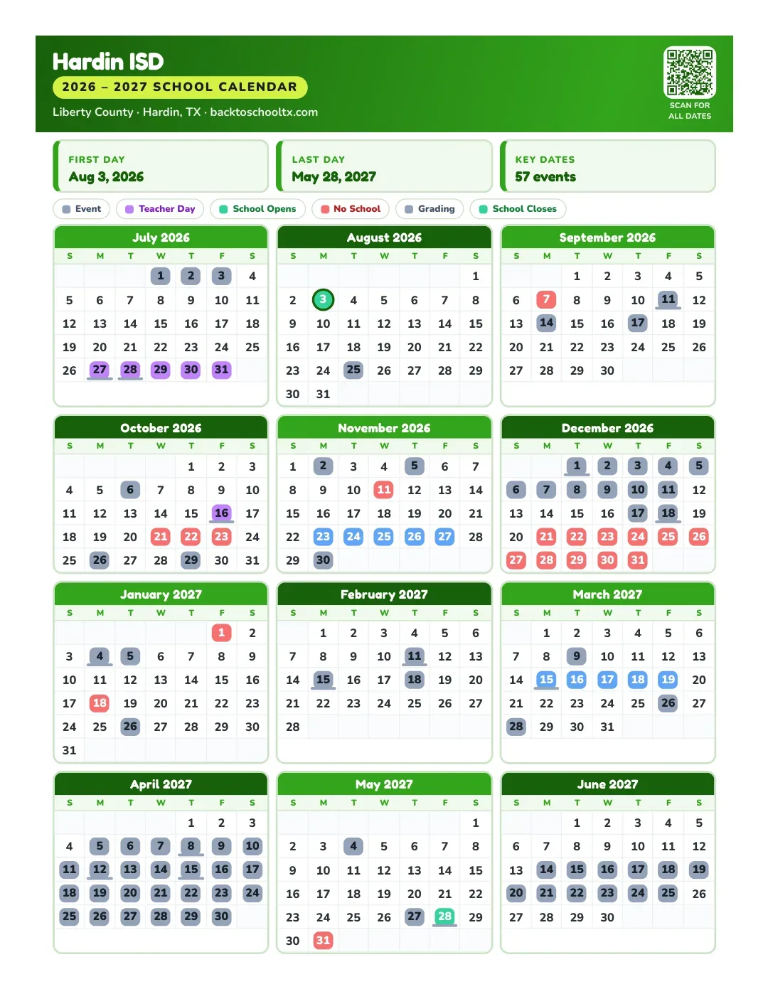 Hardin ISD Calendar for the Year 26-27
