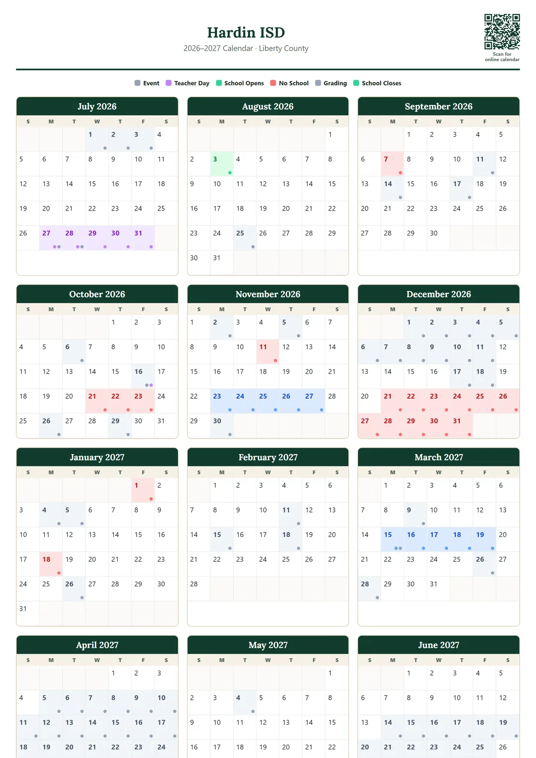 Hardin ISD printable 2026–2027 calendar