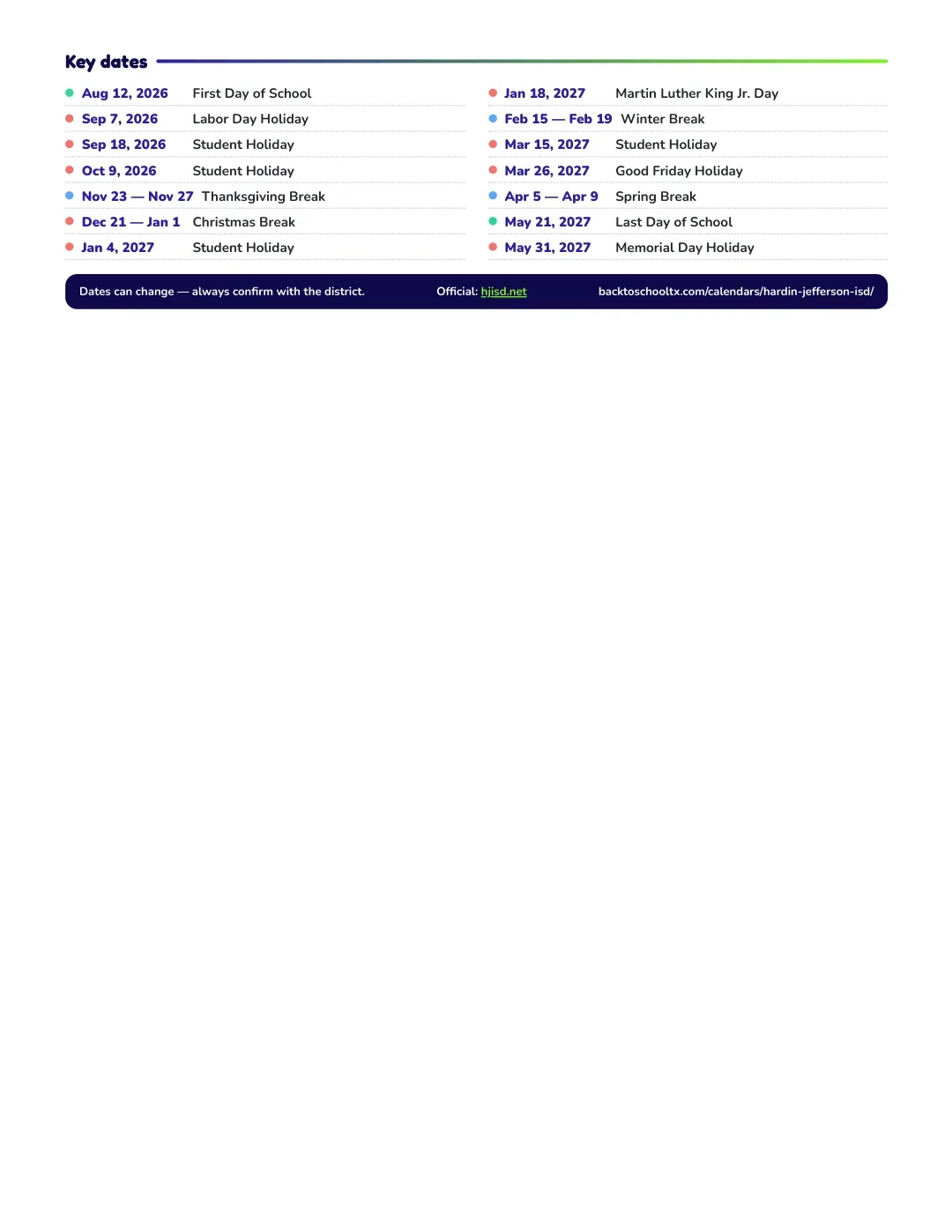 Hardin-jefferson ISD Calendar for the Year 26-27 — key dates