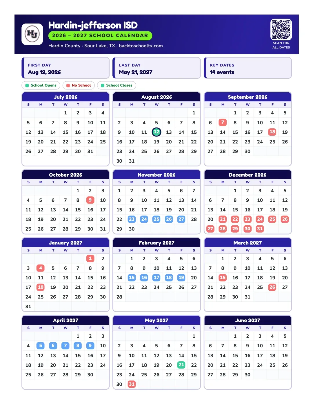 Hardin-jefferson ISD Calendar for the Year 26-27