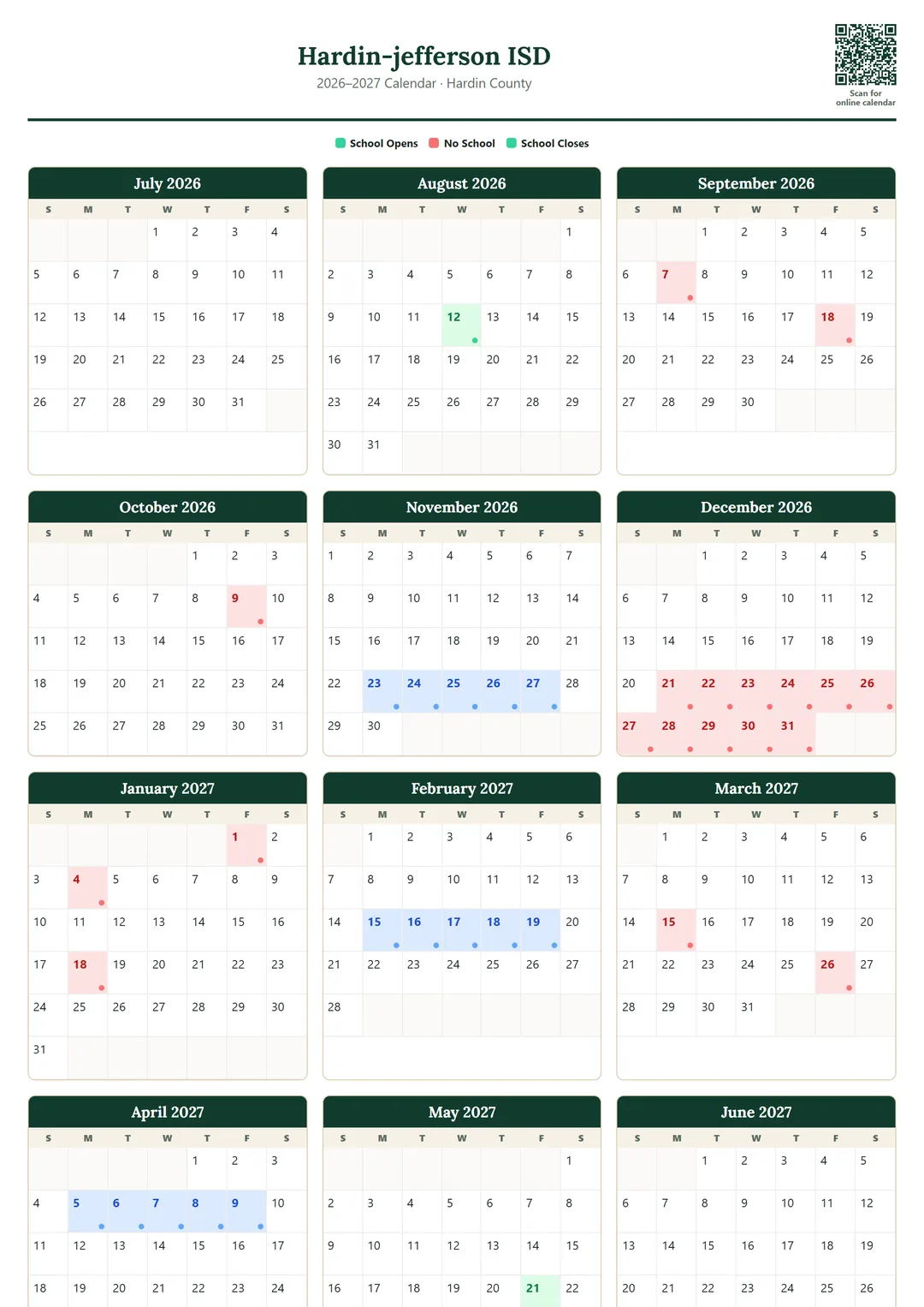 Hardin-jefferson ISD printable 2026–2027 calendar