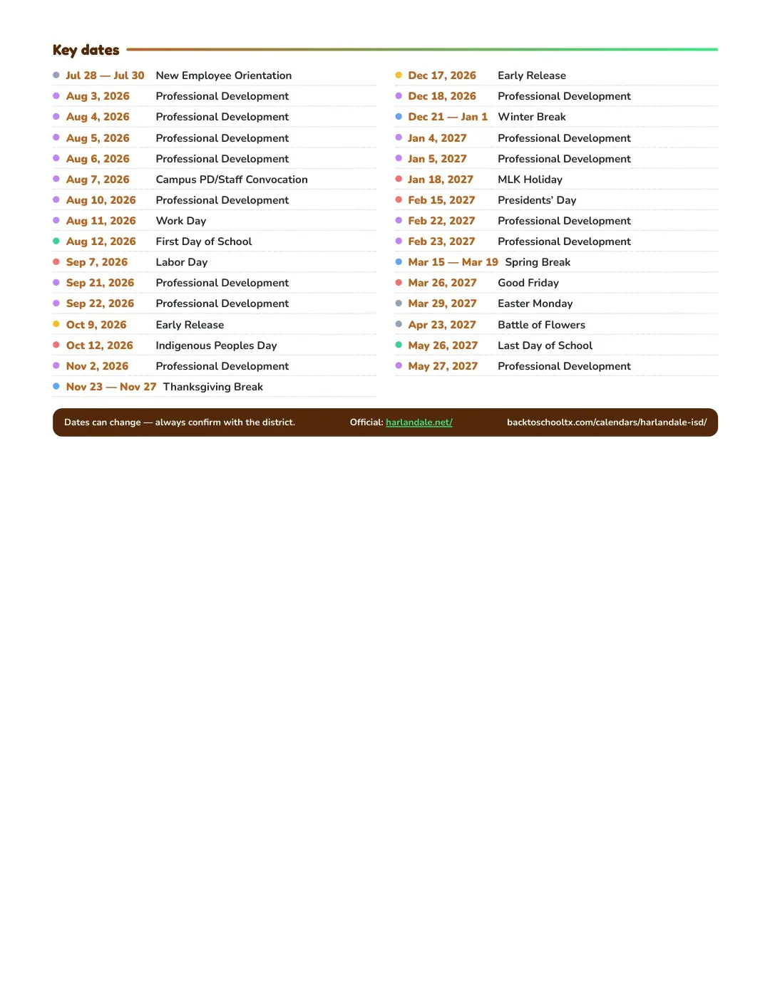 Harlandale ISD Calendar for the Year 26-27 — key dates