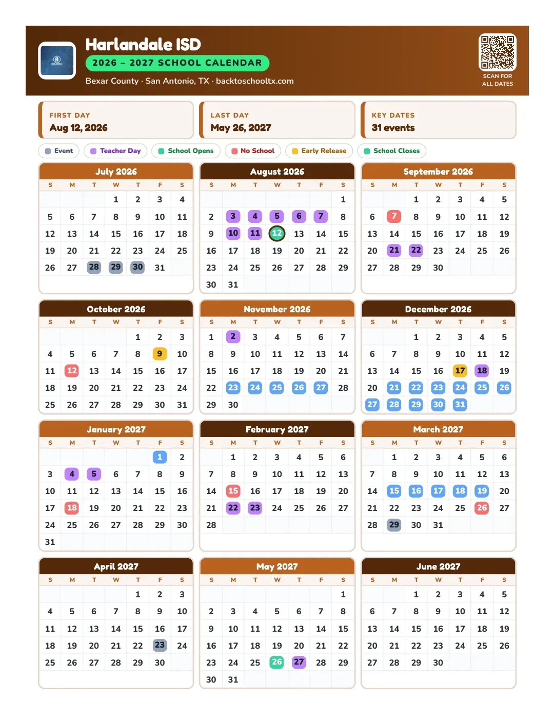 Harlandale ISD Calendar for the Year 26-27