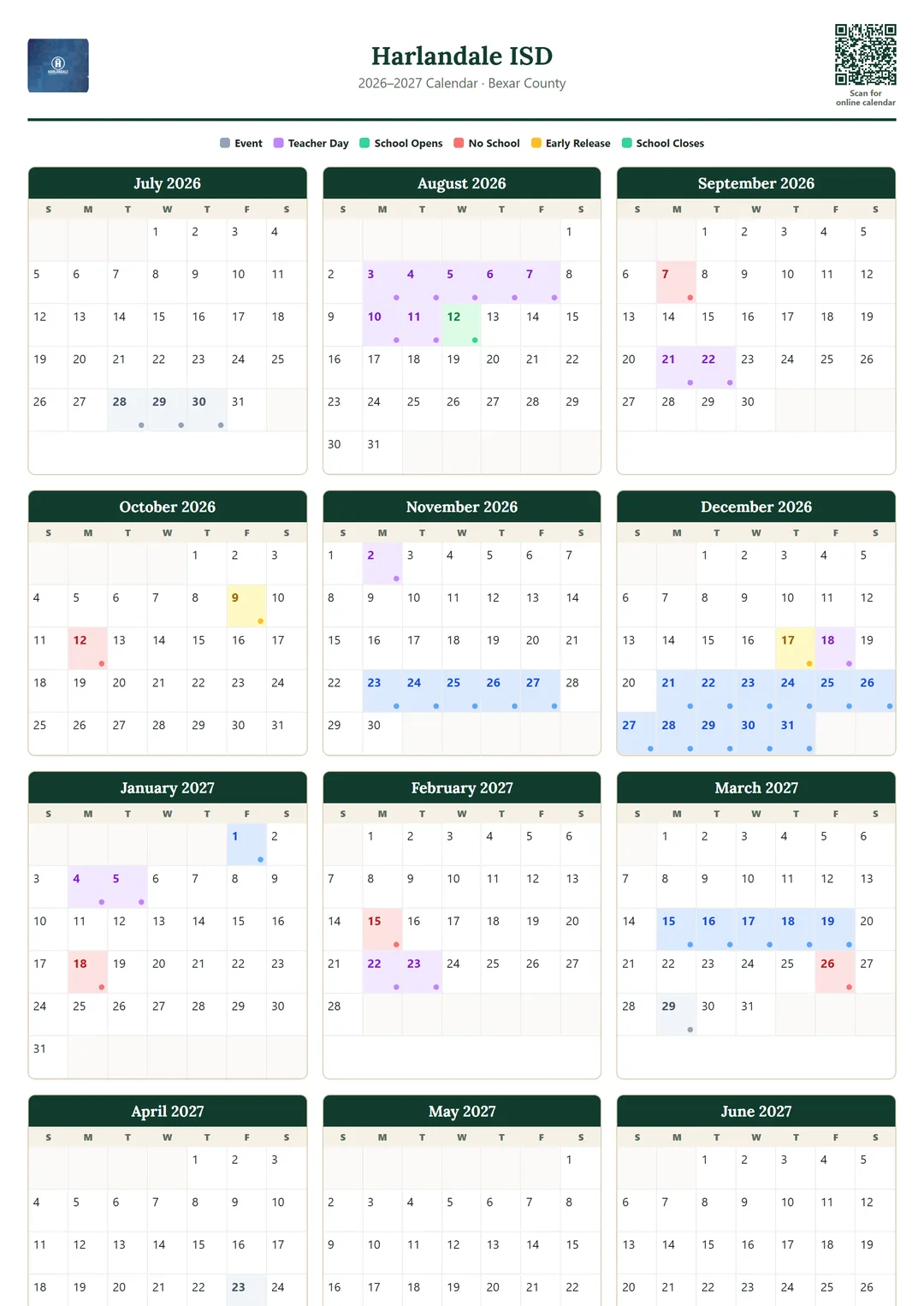 Harlandale ISD printable 2026–2027 calendar
