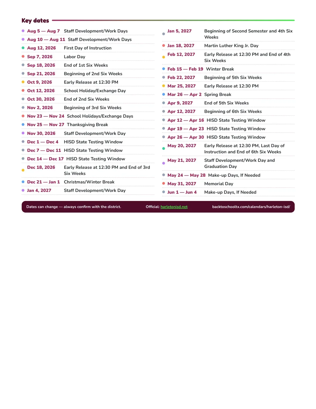 Harleton ISD Calendar for the Year 26-27 — key dates