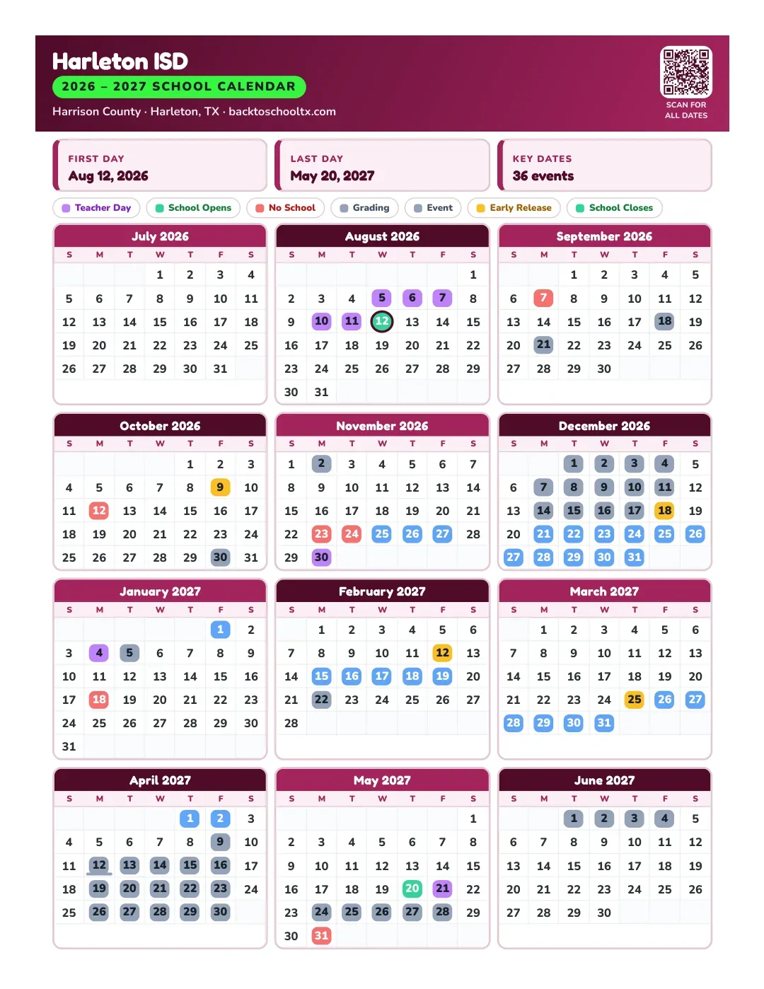 Harleton ISD Calendar for the Year 26-27