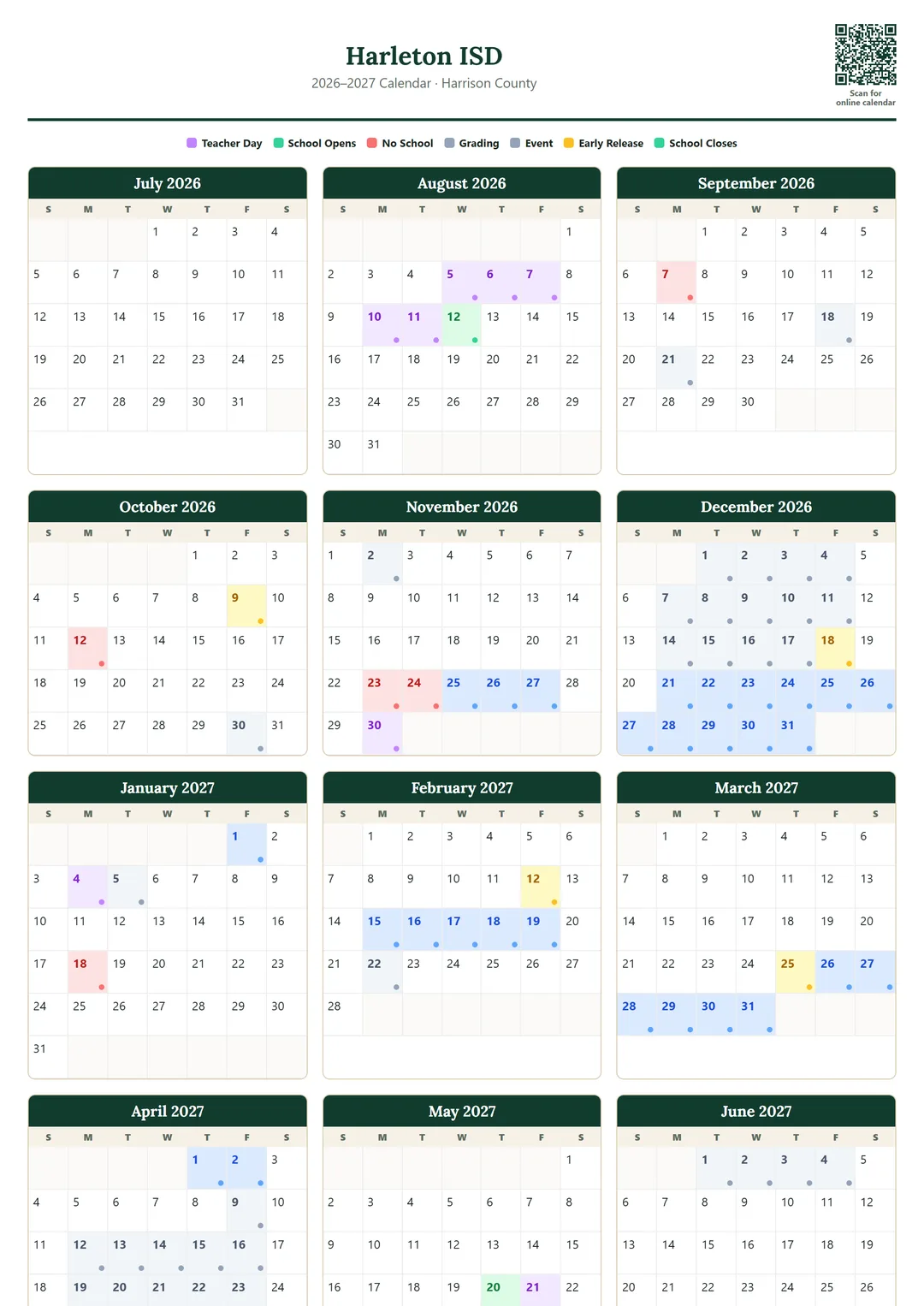 Harleton ISD printable 2026–2027 calendar