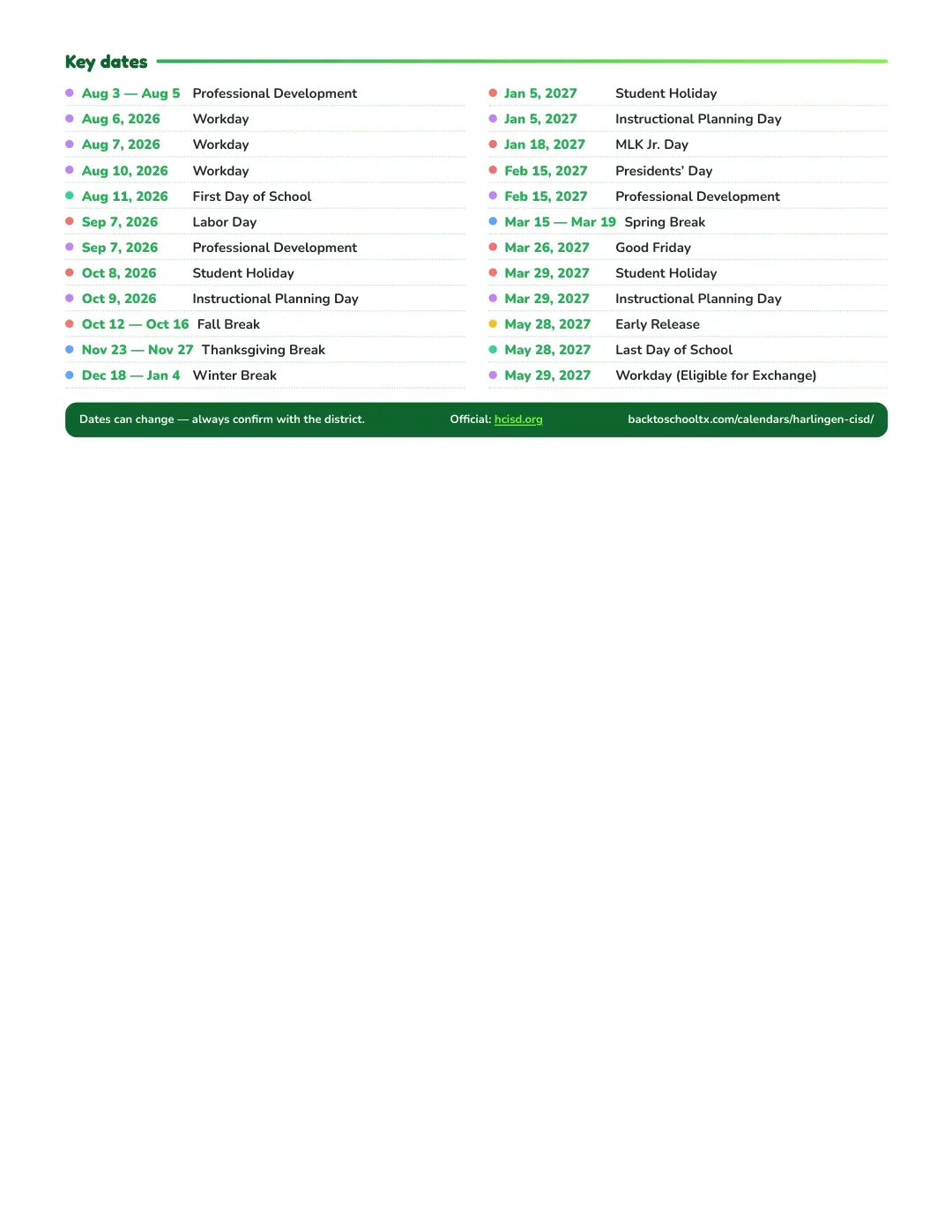 Harlingen CISD Calendar for the Year 26-27 — key dates