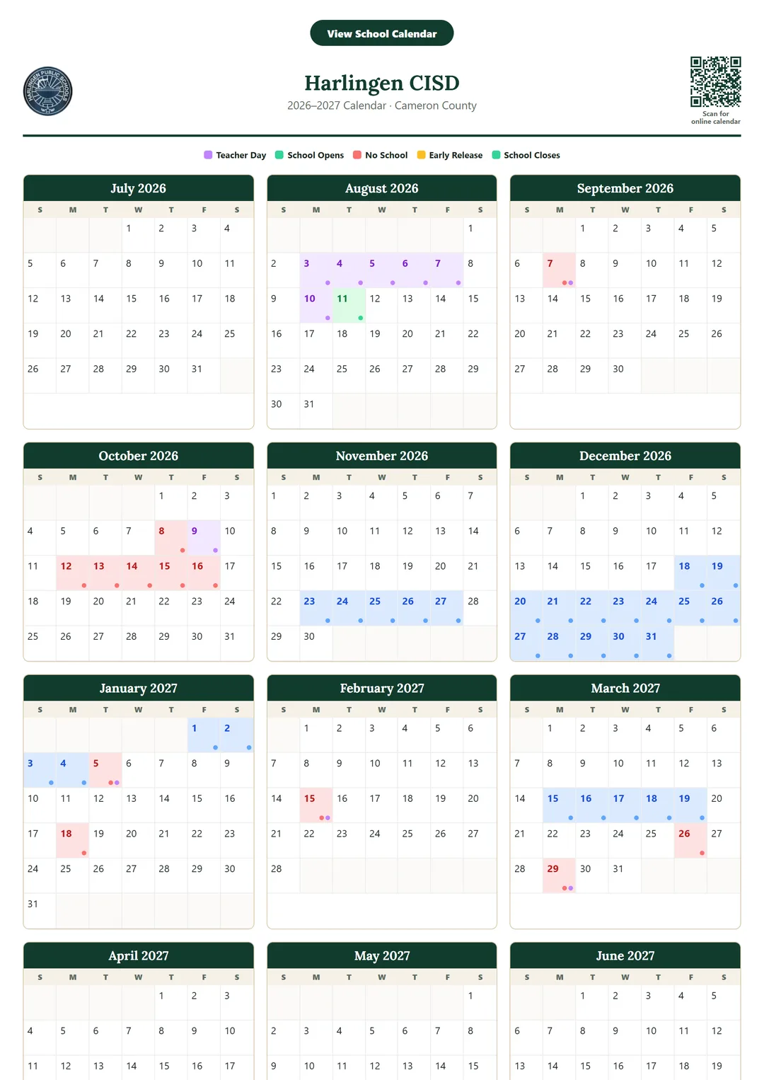 Harlingen CISD printable 2026–2027 calendar