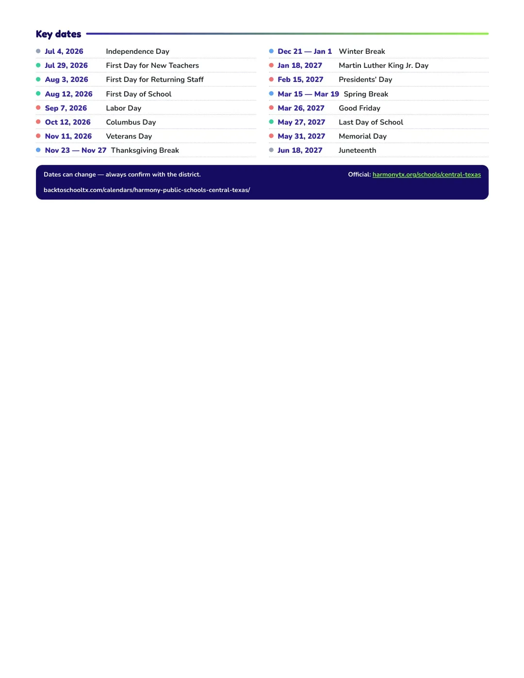 Harmony Public Schools - Central Texas Calendar for the Year 26-27 — key dates