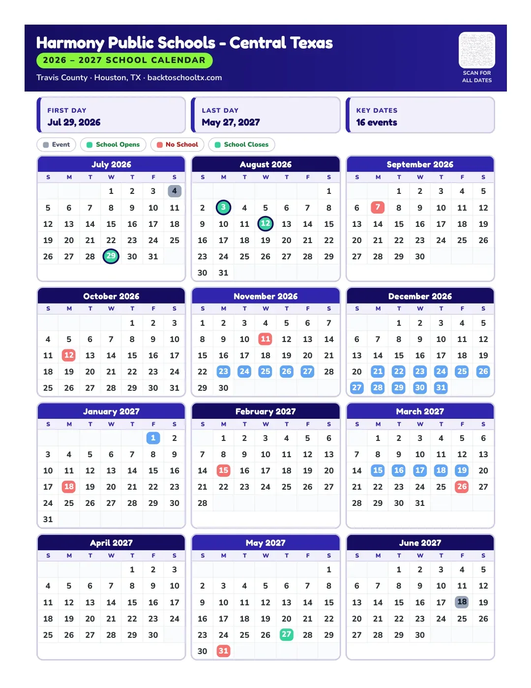 Harmony Public Schools - Central Texas Calendar for the Year 26-27