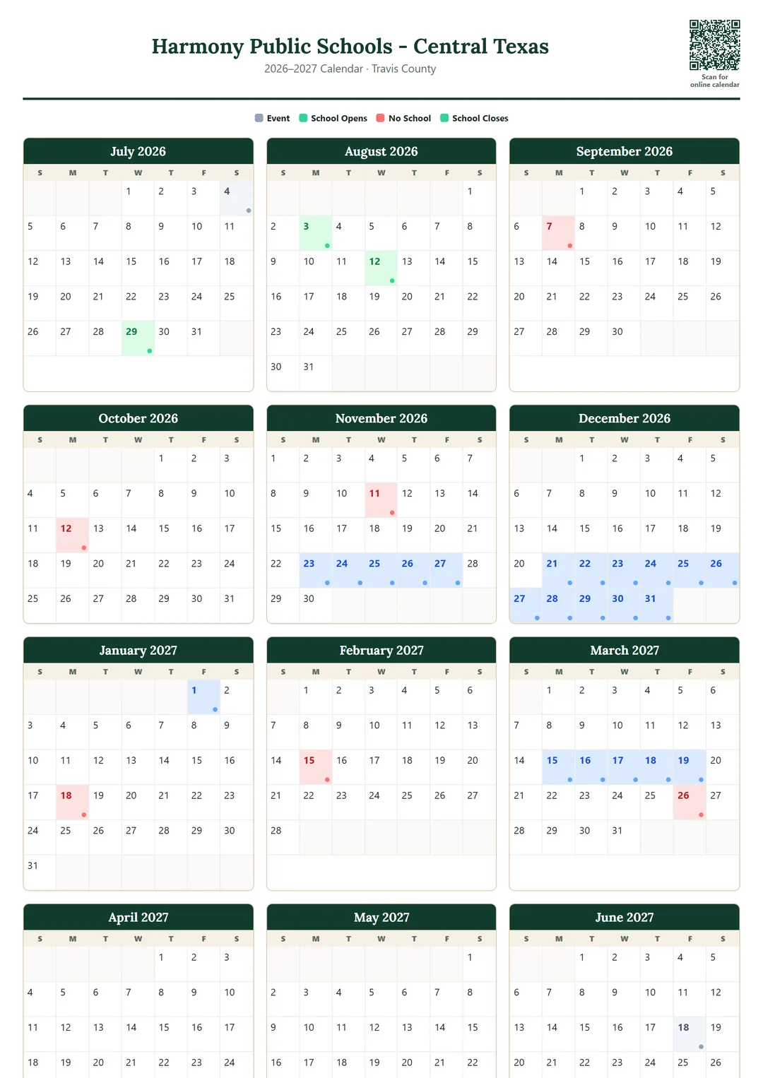 Harmony Public Schools - Central Texas printable 2026–2027 calendar