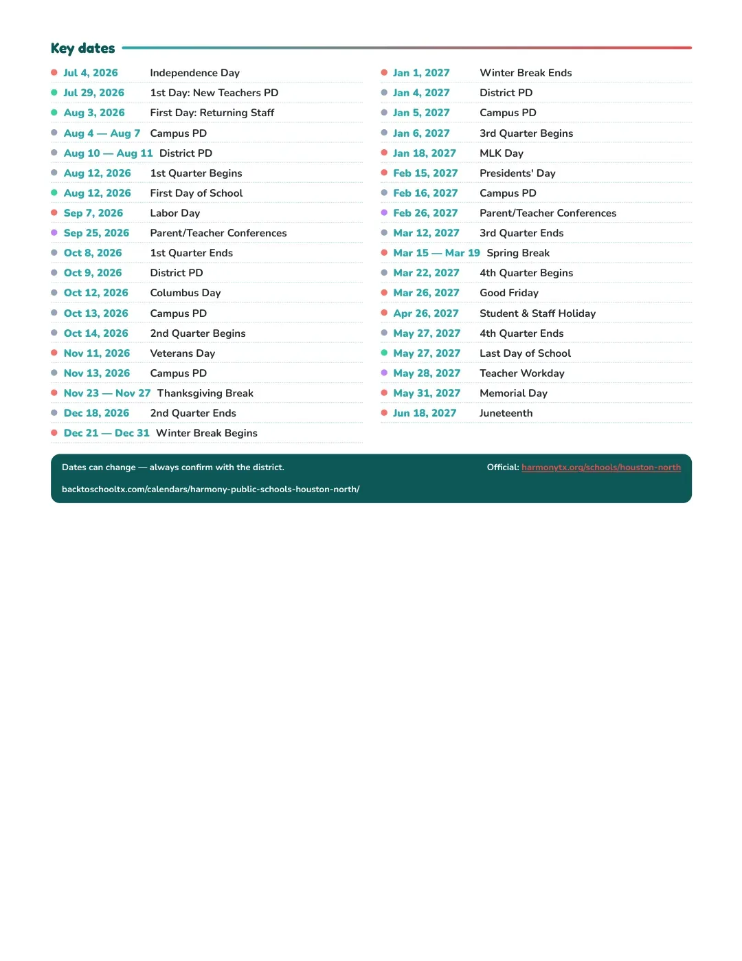 Harmony Public Schools - Houston North Calendar for the Year 26-27 — key dates