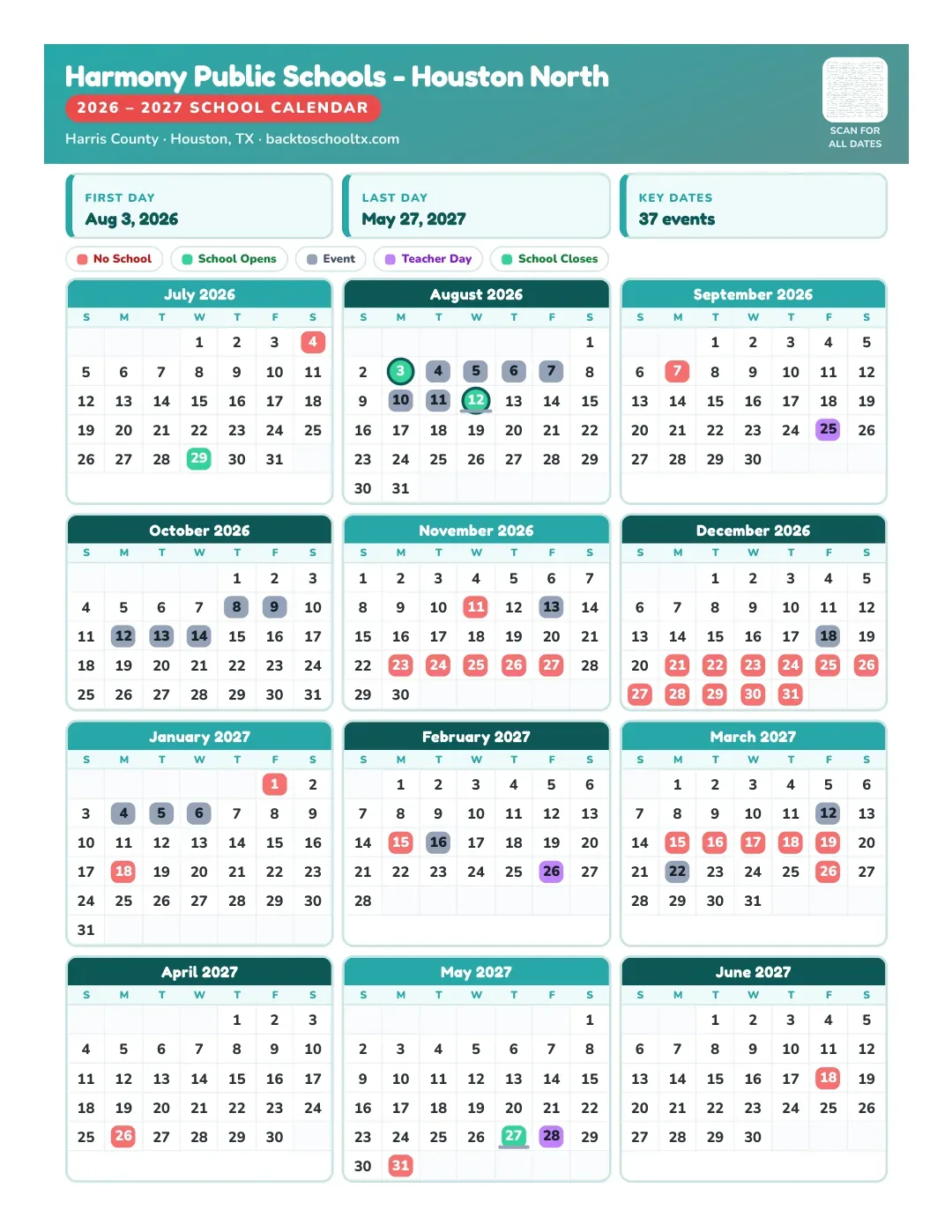 Harmony Public Schools - Houston North Calendar for the Year 26-27