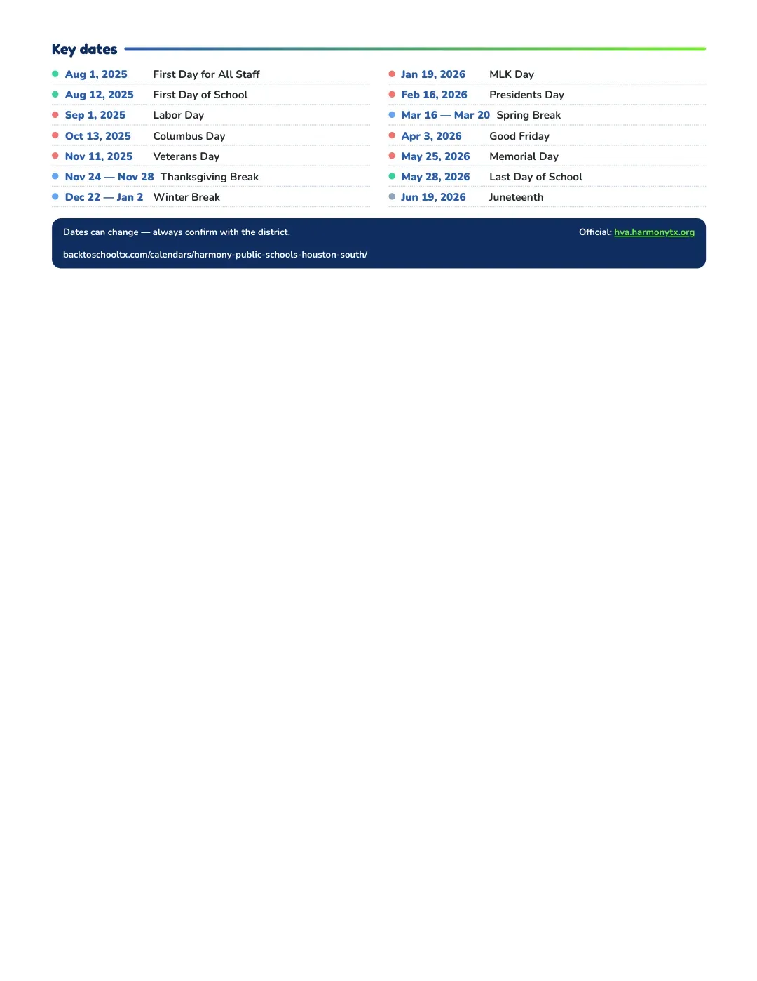 Harmony Public Schools - Houston South Calendar for the Year 26-27 — key dates