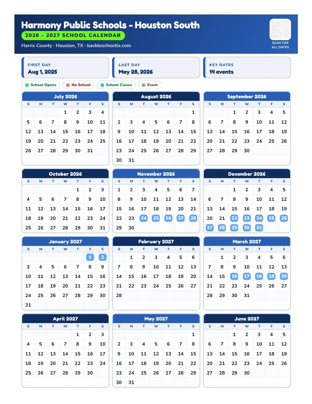 Harmony Public Schools - Houston South Calendar for the Year 26-27
