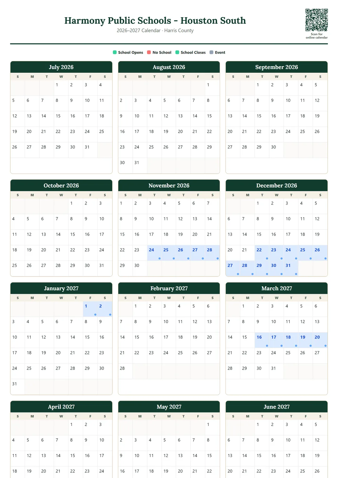 Harmony Public Schools - Houston South printable 2026–2027 calendar
