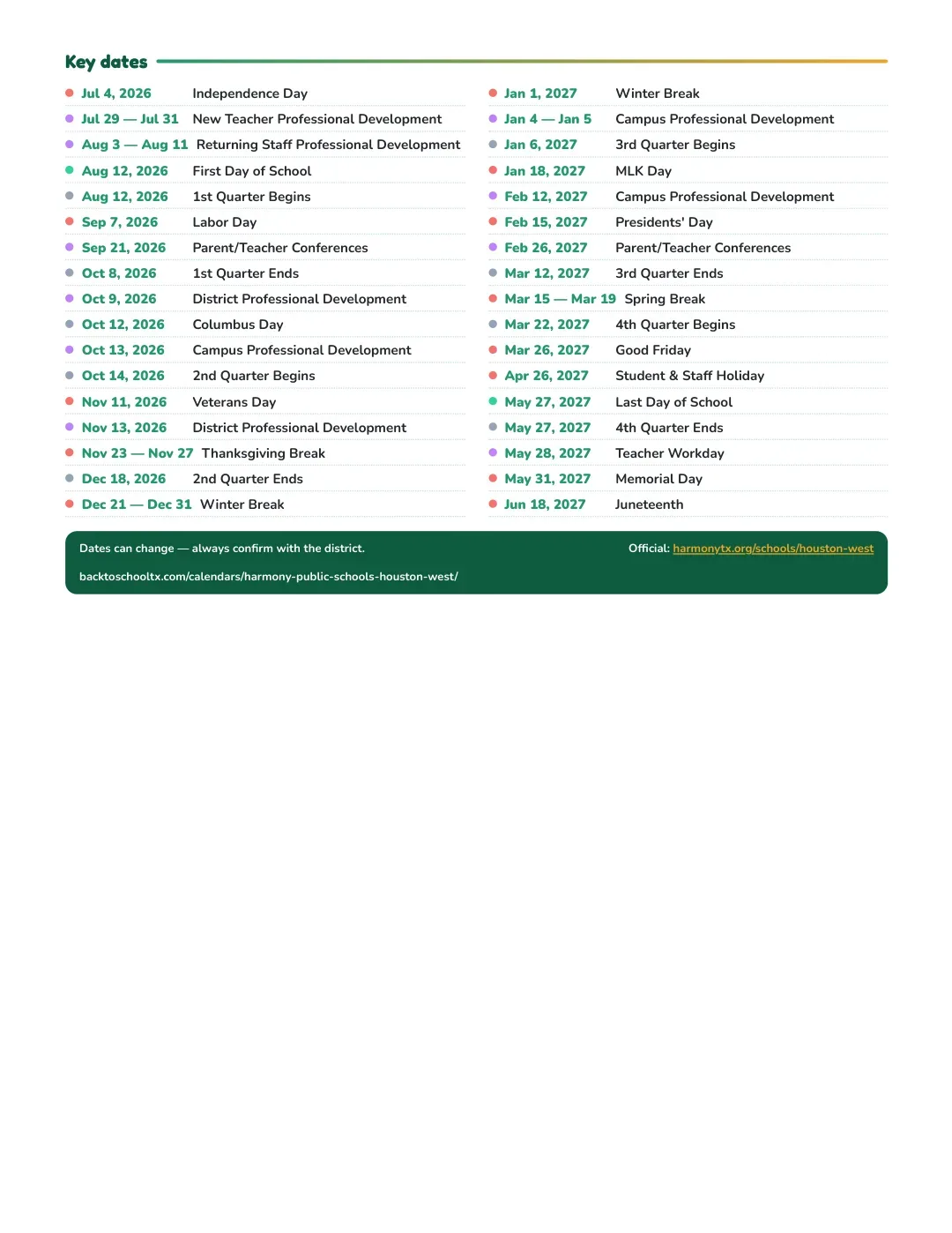 Harmony Public Schools - Houston West Calendar for the Year 26-27 — key dates