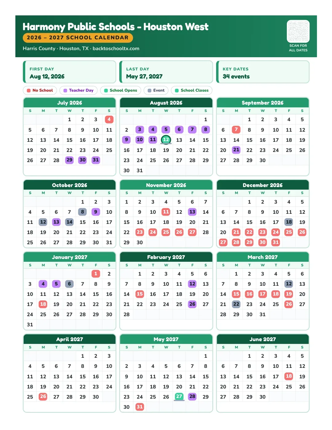 Harmony Public Schools - Houston West Calendar for the Year 26-27