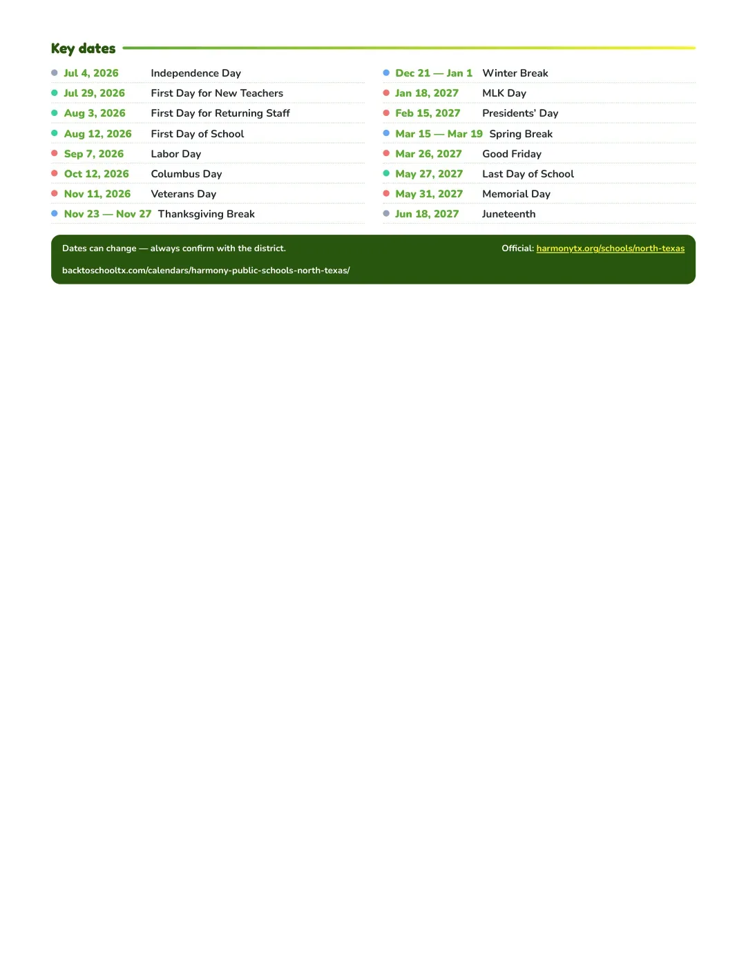 Harmony Public Schools - North Texas Calendar for the Year 26-27 — key dates