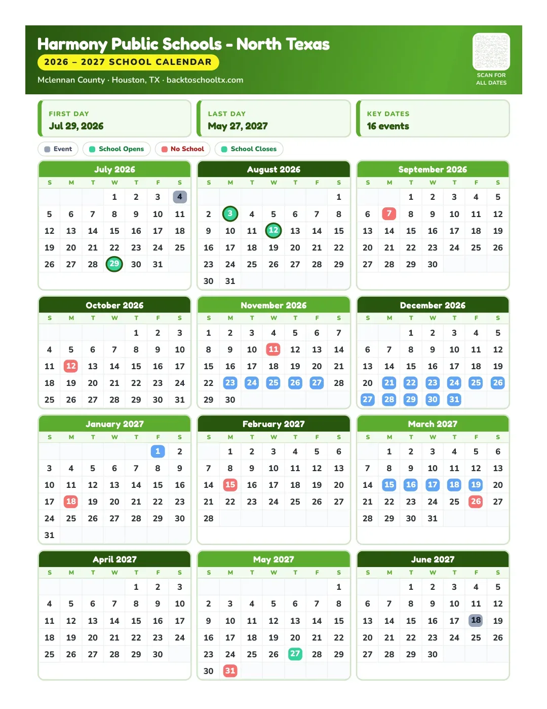 Harmony Public Schools - North Texas Calendar for the Year 26-27