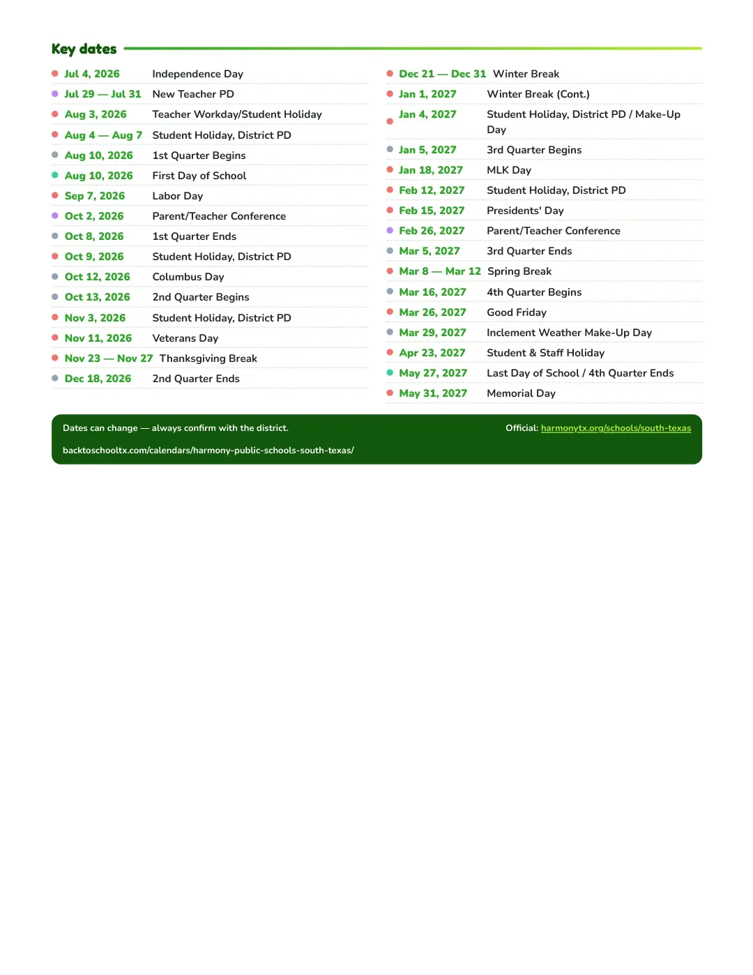 Harmony Public Schools - South Texas Calendar for the Year 26-27 — key dates