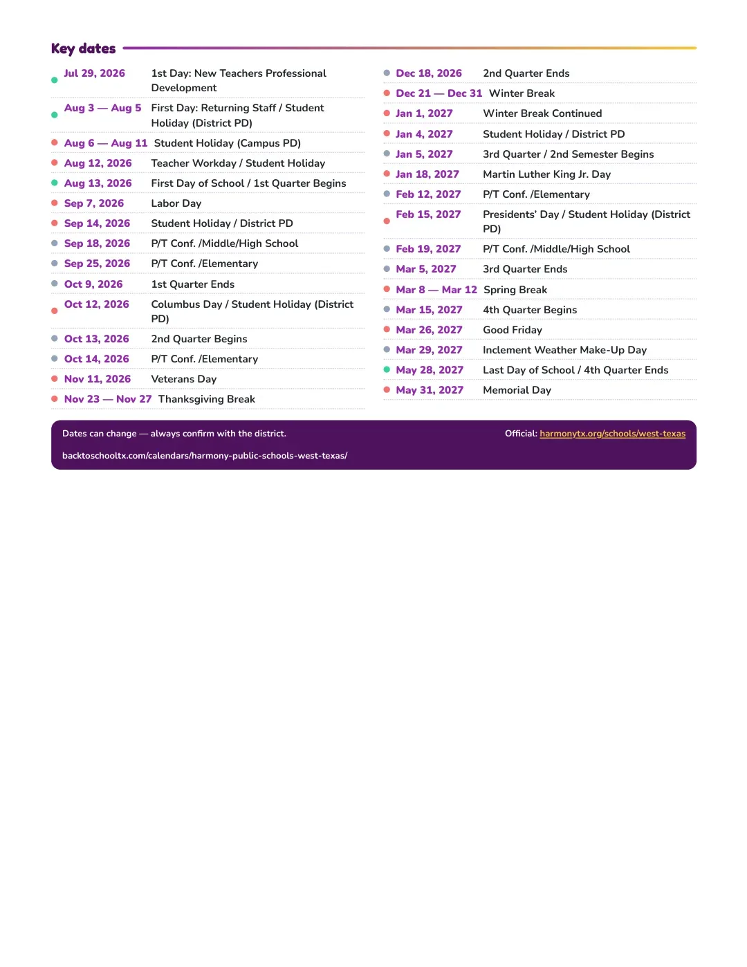 Harmony Public Schools - West Texas Calendar for the Year 26-27 — key dates