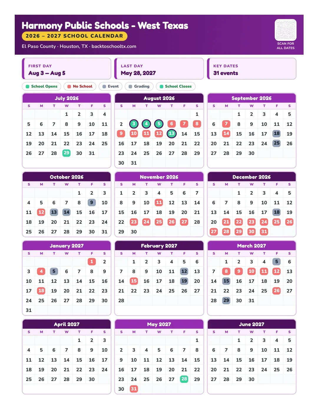 Harmony Public Schools - West Texas Calendar for the Year 26-27