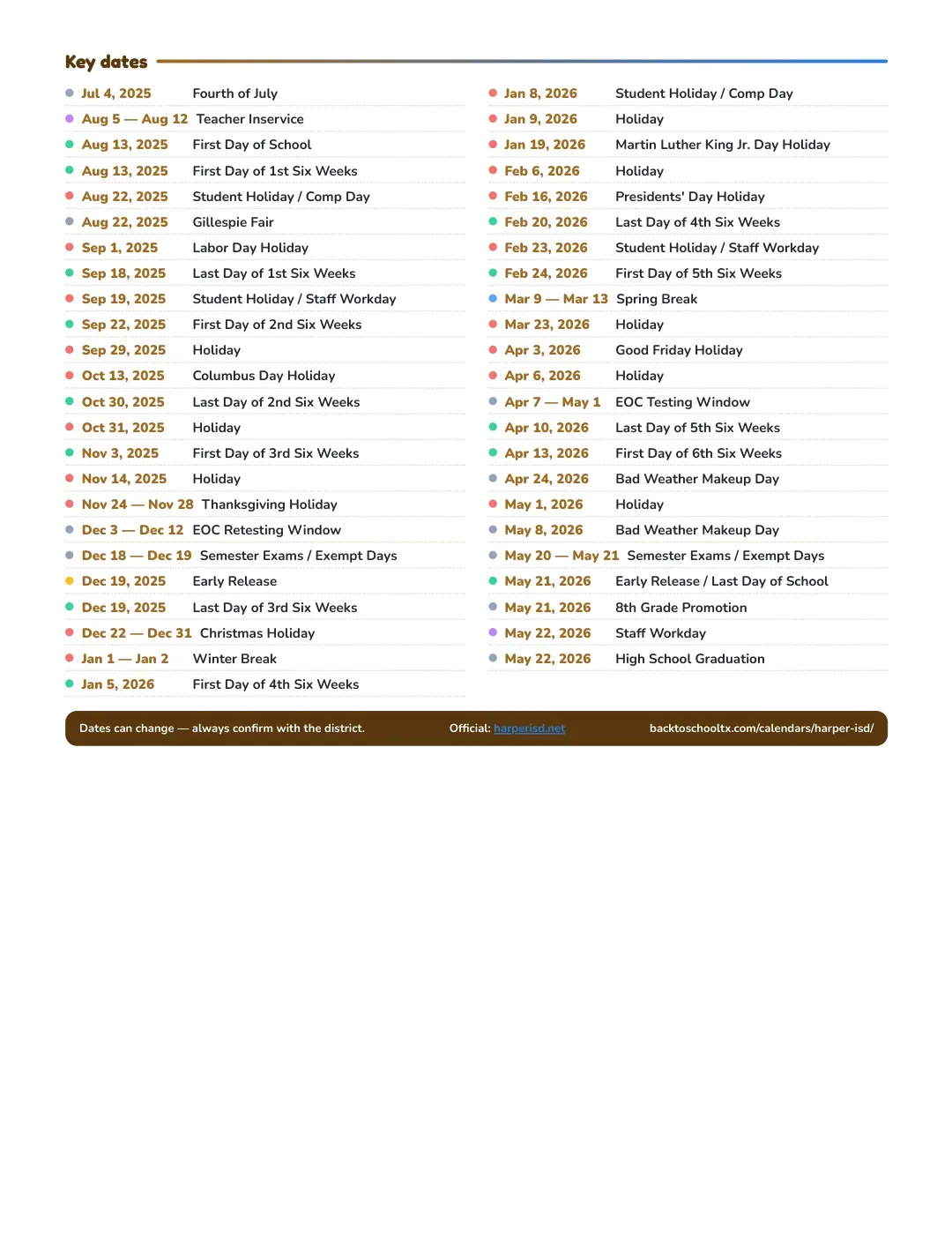 Harper ISD Calendar for the Year 26-27 — key dates